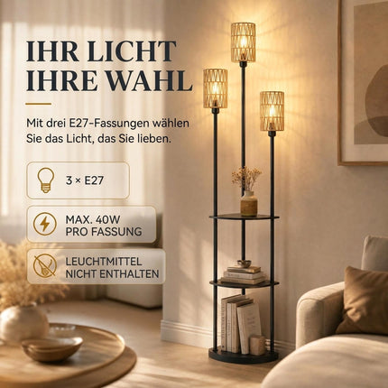 Boho Floor Lamp with 3 Shelves and 3 Paper Rope Shades, E27, Black