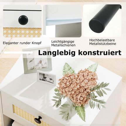 Boho Nightstand with Rattan Drawer, 40x30x52cm, White