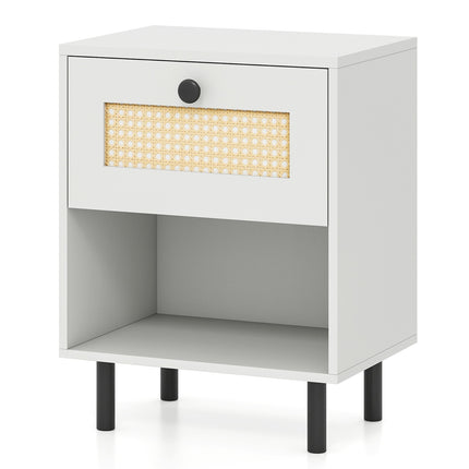 Boho Nightstand with Rattan Drawer, 40x30x52cm, White