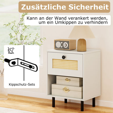 Boho Nightstand with Rattan Drawer, 40x30x52cm, White