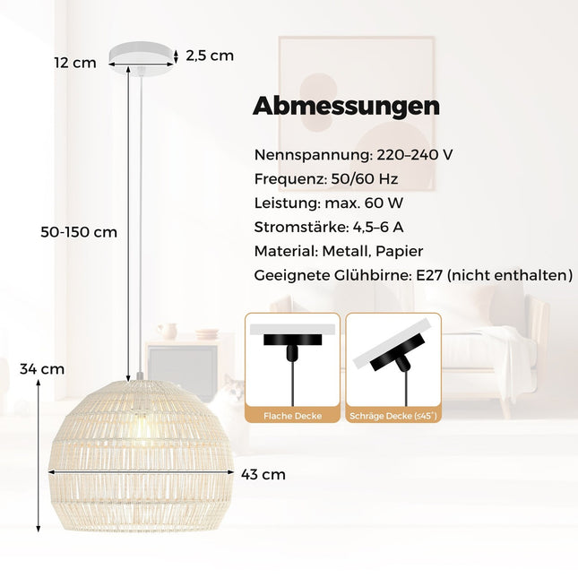 Boho Pendelleuchte, höhenverstellbar, Papierschirm