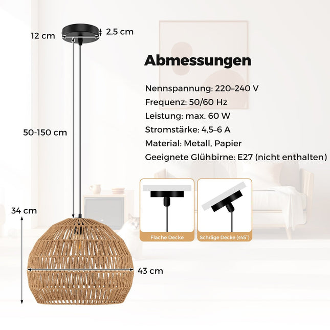 Boho Pendelleuchte, höhenverstellbar, Papierschirm
