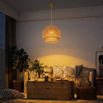 Boho Pendant Light with 3-Tier Hemp Rope Shade, E27, Light Brown