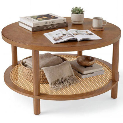 Boho Rattan Coffee Table with Storage Shelf, Walnut Finish