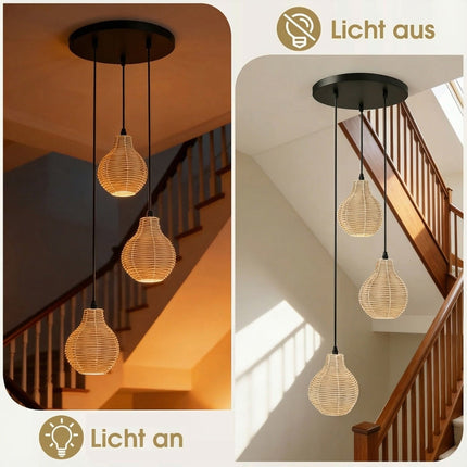 Boho-Pendelleuchte aus Rattan, 3-flammig, höhenverstellbar