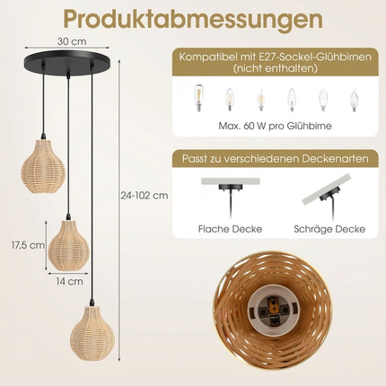 Boho-Pendelleuchte aus Rattan, 3-flammig, höhenverstellbar