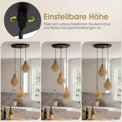 Boho-Pendelleuchte aus Rattan, 3-flammig, höhenverstellbar