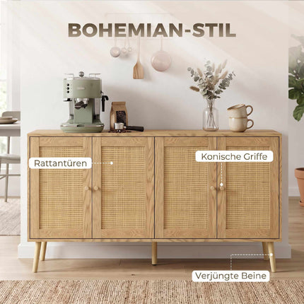Boho Rattan Sideboard with Adjustable Shelves, Natural Wood