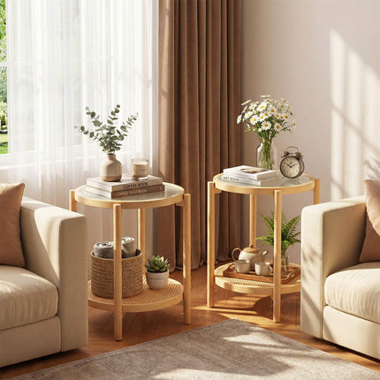 Boho Round Side Table with Tempered Glass Top, Natural