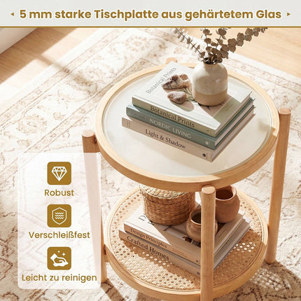 Boho Round Side Table with Tempered Glass Top, Natural