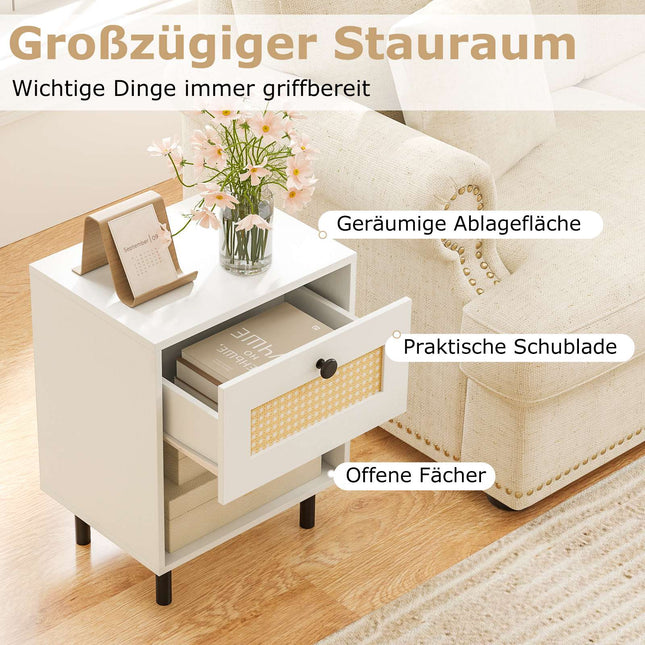 Nachttisch-Set im Boho-Stil mit Rattan-Schublade, 2-teilig