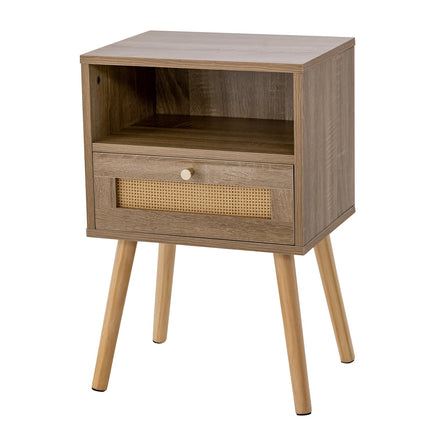 Boho-Style Rattan Nightstand with Drawer, Natural Wood
