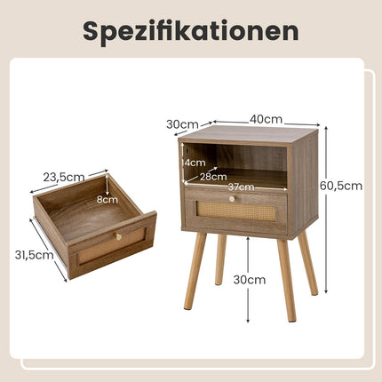 Boho-Style Rattan Nightstand with Drawer, Natural Wood