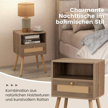 Boho-Style Rattan Nightstand with Drawer, Natural Wood