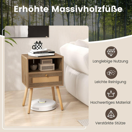 Boho-Style Rattan Nightstand with Drawer, Natural Wood