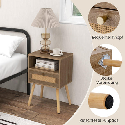 Boho-Style Rattan Nightstand with Drawer, Natural Wood