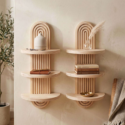 Boho Wall Shelf Set, 2pc – Natural Pine, White/Brown