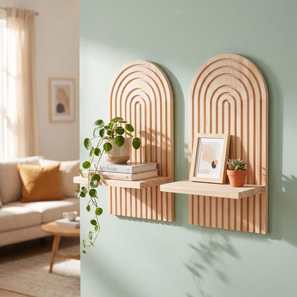 Boho Wall Shelves, Set of 2 – Natural Pine, 35x18x13 cm