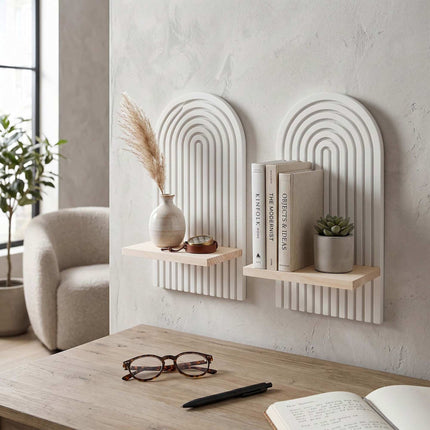 Boho Wooden Wall Shelf Set, Natural White, 2 Pieces