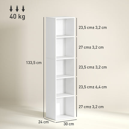 Weißes Bücherregal aus Holz, 5 Fächer, verstellbare Regalböden