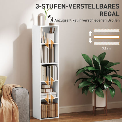 Weißes Bücherregal aus Holz, 5 Fächer, verstellbare Regalböden