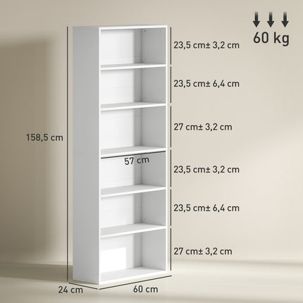 Bücherregal, 6 Fächer, verstellbare Böden, Spanplatte, 60 x 24 x 158,5 cm, weiß