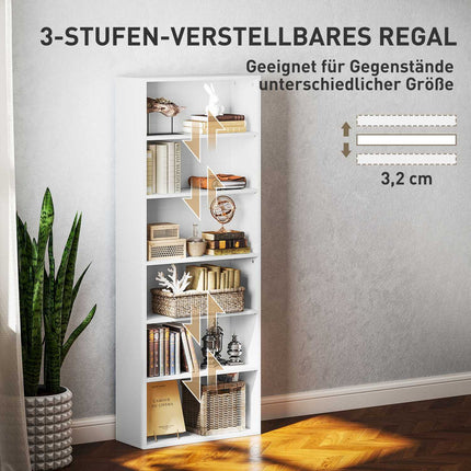 Bücherregal, 6 Fächer, verstellbare Böden, Spanplatte, 60 x 24 x 158,5 cm, weiß
