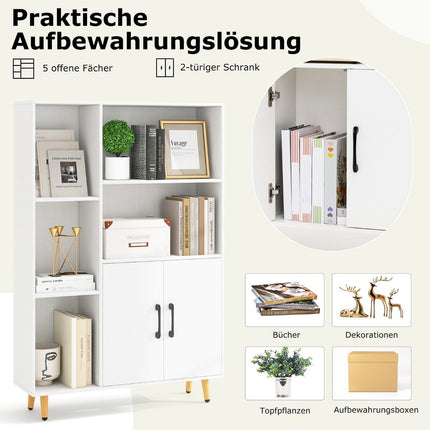 Bücherregal Weißes Bücherregal mit Türen und offenen Fächern 80 x 23,5 x 119 cm