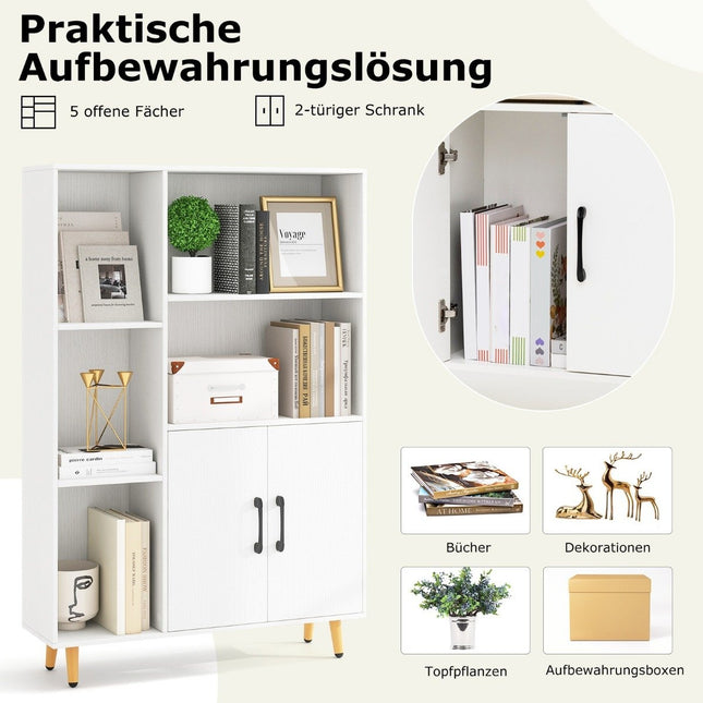 Bookcase White bookcase with doors and open compartments 80 x 23.5 x 119 cm