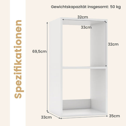Bücherregal mit 2 Fächern Würfelregal Standregal offenes Regal Lagerregal für Wohnzimmer weiß