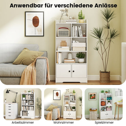 Bücherregal mit 2 Türen und 5 Fächern, weißes Holzbücherregal, 60 x 29,5 x 120 cm