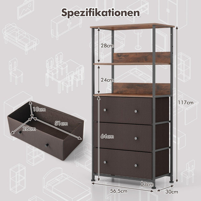Bookcase with 3 drawers & open shelves chest of drawers cabinet 56.5 x 20 x 117cm