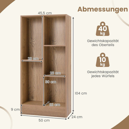 Bibliothèque à 5 compartiments, étagère sur pied, étagère cube, étagère de bureau, étagère de rangement, 50 x 24 x 104 cm, naturel