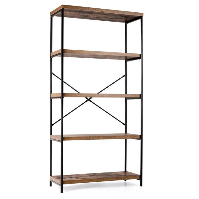 Bookcase with 5 levels & metal frame & industrial design standing shelf office shelf brown