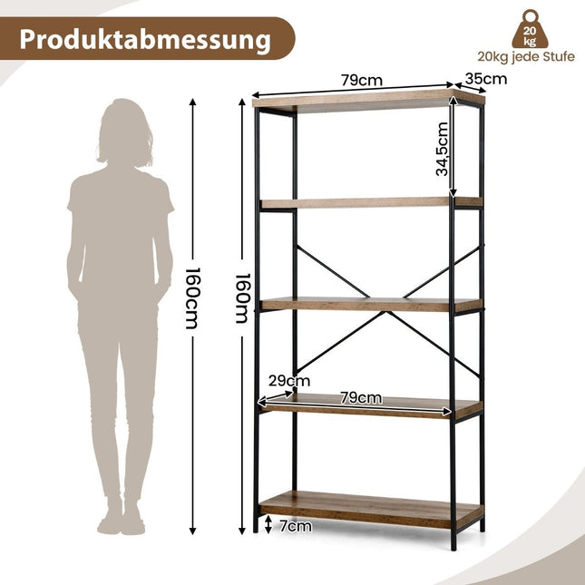 Bookcase with 5 levels & metal frame & industrial design standing shelf office shelf brown