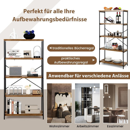 Boekenkast met 5 niveaus & metalen frame & industrieel design staande plank kantoorplank bruin