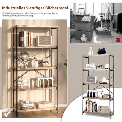 Bücherregal mit 5 Ebenen &amp; Metallrahmen &amp; Industriedesign Standregal Büroregal Grau