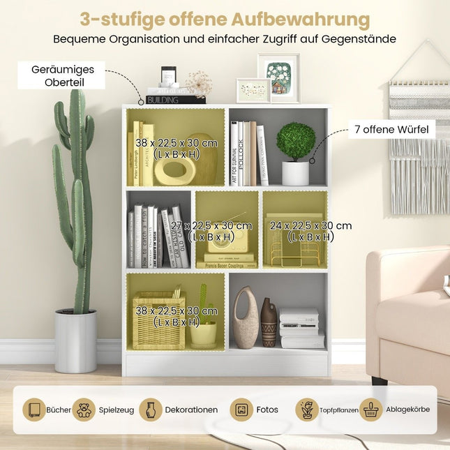 Bücherregal mit 7 Fächern, Standregal mit 3 Ebenen, Würfelregal, Büroregal, 80 x 24 x 104 cm, weiß