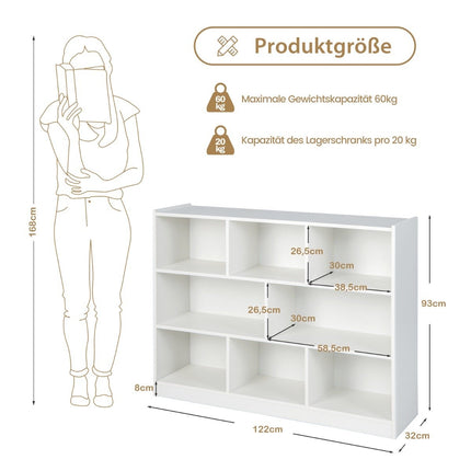 Bücherregal mit 8 Fächern, 3-stöckiges Standregal für Wohnzimmer, 122 x 32 x 93 cm, weiß