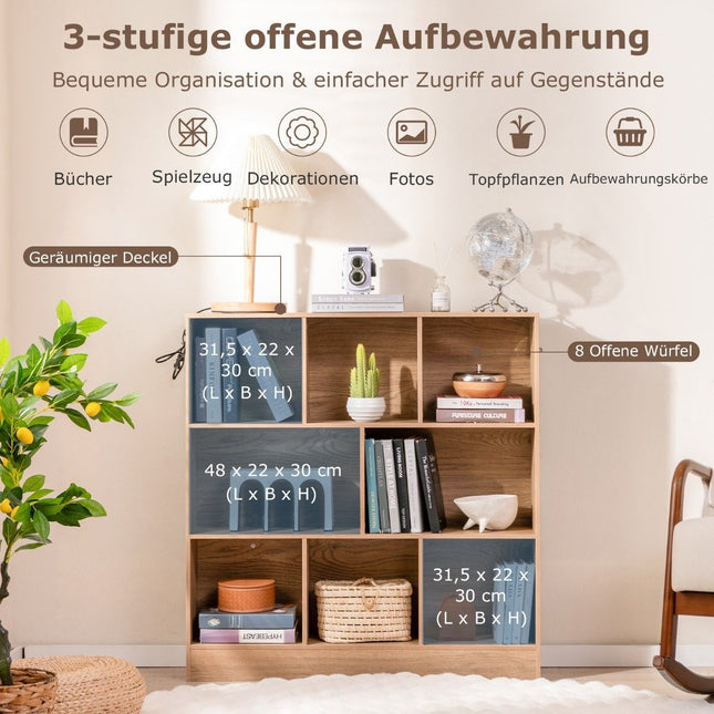 Bücherregal mit 8 Fächern, Standregal mit 3 Ebenen, Würfelregal, Büroregal, Lagerregal, 100 x 24 x 104 cm, Natur