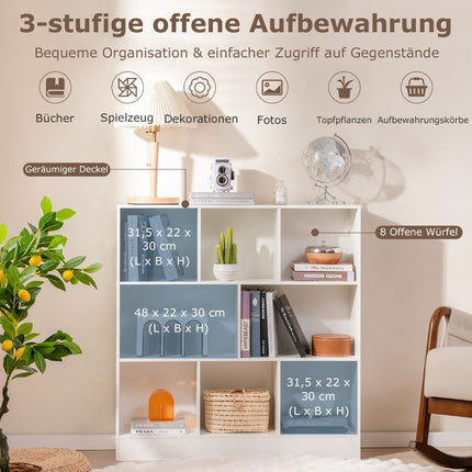 Bookcase with 8 compartments, standing shelf with 3 levels, cube shelf, office shelf, storage shelf, 100 x 24 x 104 cm, white