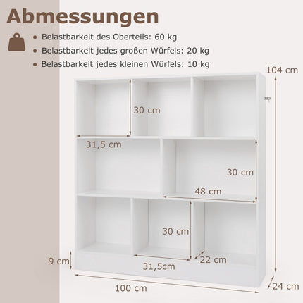 Bookcase with 8 compartments, standing shelf with 3 levels, cube shelf, office shelf, storage shelf, 100 x 24 x 104 cm, white