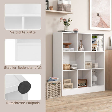 Bookcase with 8 compartments, standing shelf with 3 levels, cube shelf, office shelf, storage shelf, 100 x 24 x 104 cm, white