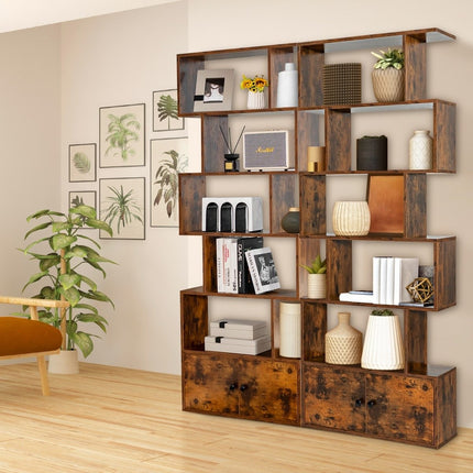 Bücherregal mit Türen &amp; 5 Ebenen Standregal aus Holz 183 x 70 x 23 cm Raumteiler Braun
