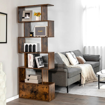Bücherregal mit Türen &amp; 5 Ebenen Standregal aus Holz 183 x 70 x 23 cm Raumteiler Braun