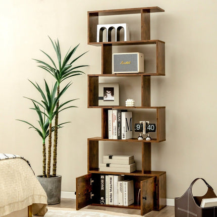 Bücherregal mit Türen &amp; 5 Ebenen Standregal aus Holz 183 x 70 x 23 cm Raumteiler Braun