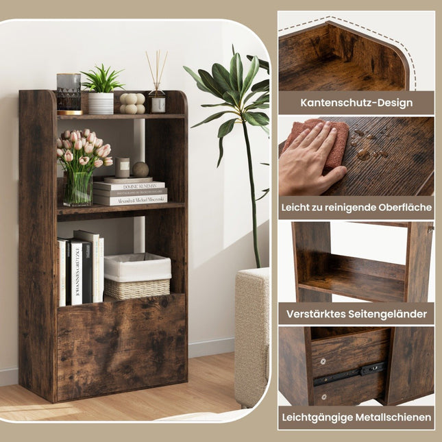 Bookcase with drawer, standing shelf with 2 compartments, office shelf made of wood, 55 x 29 x 105 cm, rustic brown