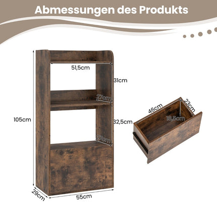 Bücherregal mit Schublade, Standregal mit 2 Fächern, Büroregal aus Holz, 55 x 29 x 105 cm, rustikal braun