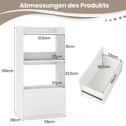 Bücherregal mit Schublade, Standregal mit 2 Fächern, Büroregal aus Holz, 55 x 29 x 105 cm, weiß