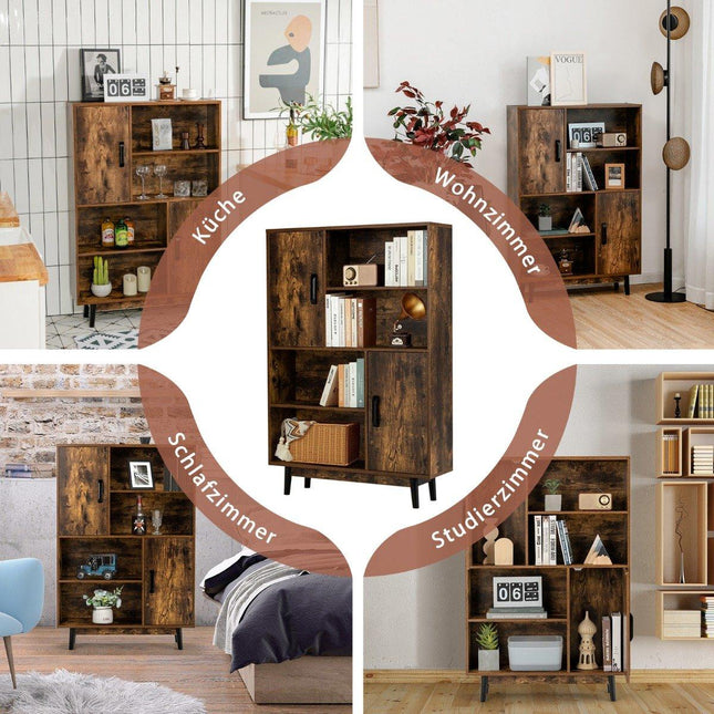 Bookcase wooden storage cabinet with doors and open shelves 80 x 24 x 120 cm coffee